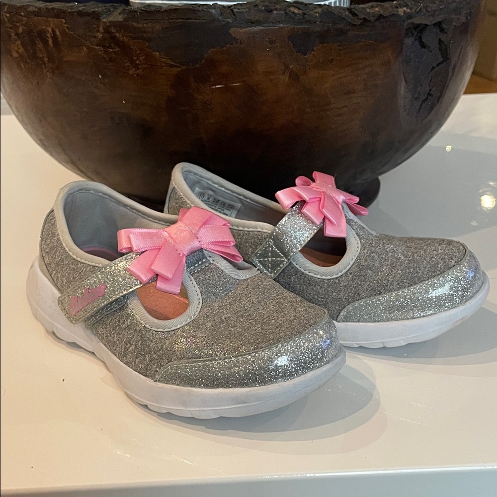Skechers Glittery Silver Sneakers with Pink Bow